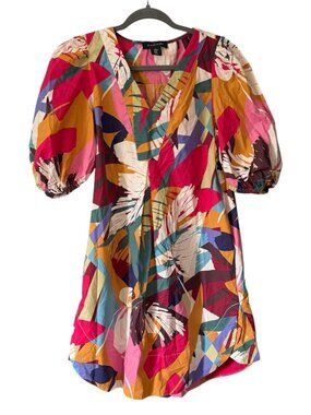 TAHARI 100% Cotton Colourful Puff Sleeves V Neck Dress Size M